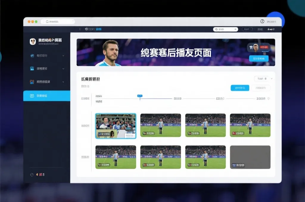 比赛结束后，电视屏幕展示集锦回放页面，旁边有时间轴和多角度切换提示